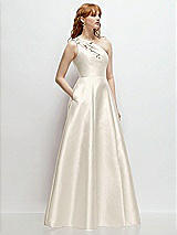 Side View Thumbnail - Ivory One-Shoulder Full A-Line Satin Gown with Handworked Floral Appliqué