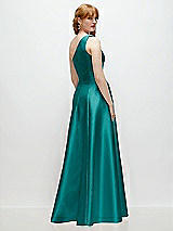 Rear View Thumbnail - Jade One-Shoulder Full A-Line Satin Gown with Handworked Floral Appliqué