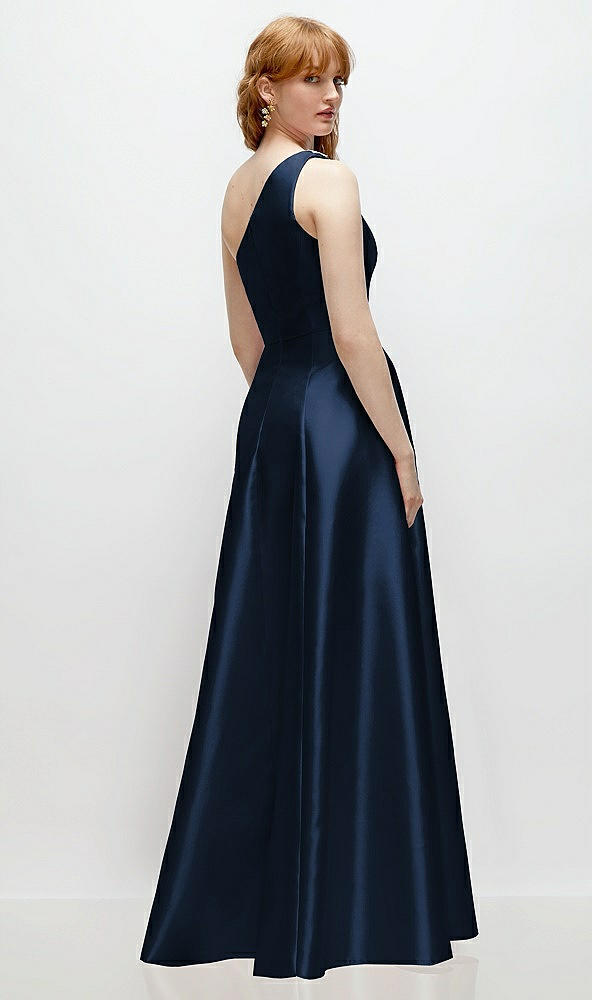 Back View - Midnight Navy One-Shoulder Full A-Line Satin Gown with Handworked Floral Appliqué