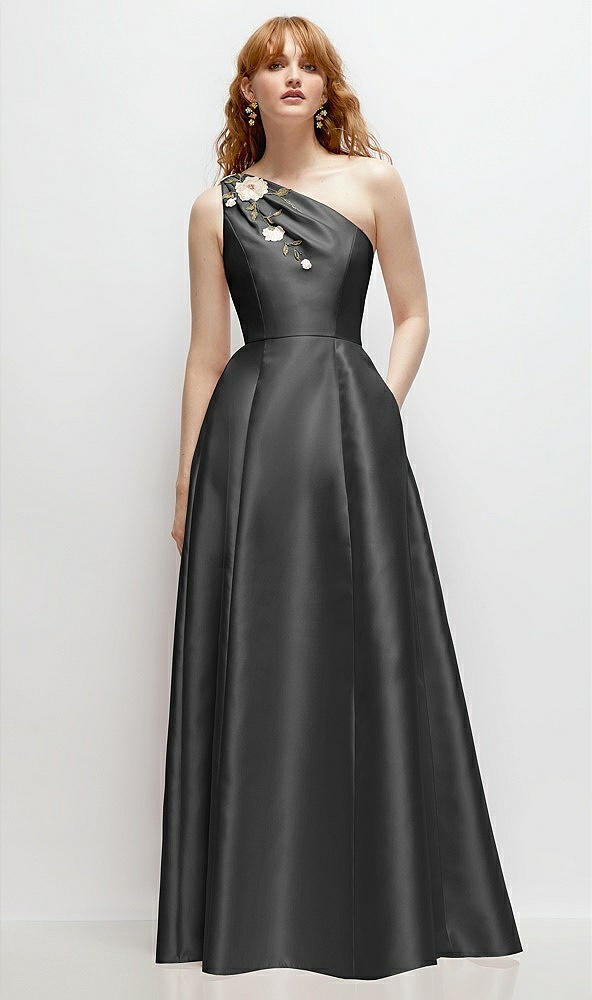 Front View - Pewter One-Shoulder Full A-Line Satin Gown with Handworked Floral Appliqué