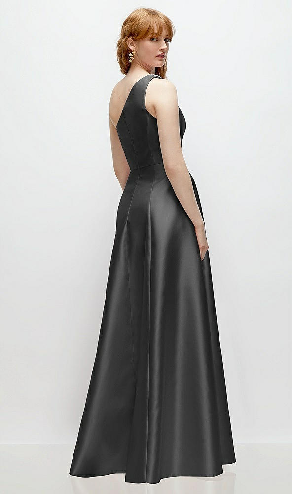 Back View - Pewter One-Shoulder Full A-Line Satin Gown with Handworked Floral Appliqué