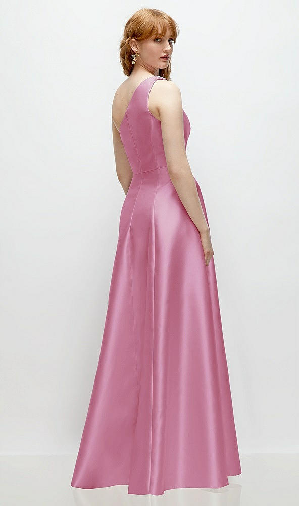 Back View - Powder Pink One-Shoulder Full A-Line Satin Gown with Handworked Floral Appliqué