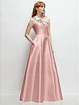 Side View Thumbnail - Rose - PANTONE Rose Quartz One-Shoulder Full A-Line Satin Gown with Handworked Floral Appliqué