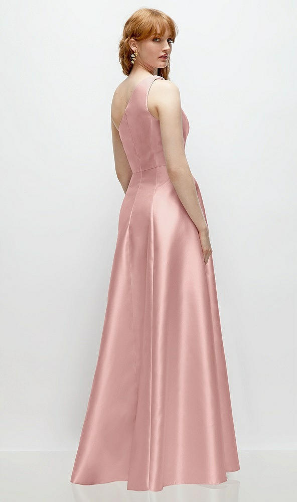 Back View - Rose - PANTONE Rose Quartz One-Shoulder Full A-Line Satin Gown with Handworked Floral Appliqué