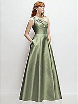 Side View Thumbnail - Sage One-Shoulder Full A-Line Satin Gown with Handworked Floral Appliqué