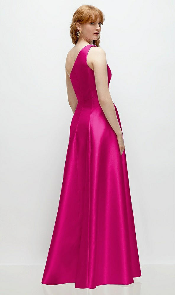 Back View - Think Pink One-Shoulder Full A-Line Satin Gown with Handworked Floral Appliqué