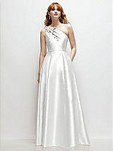 Front View Thumbnail - White One-Shoulder Full A-Line Satin Gown with Handworked Floral Appliqué