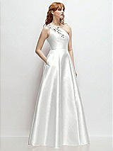 Side View Thumbnail - White One-Shoulder Full A-Line Satin Gown with Handworked Floral Appliqué