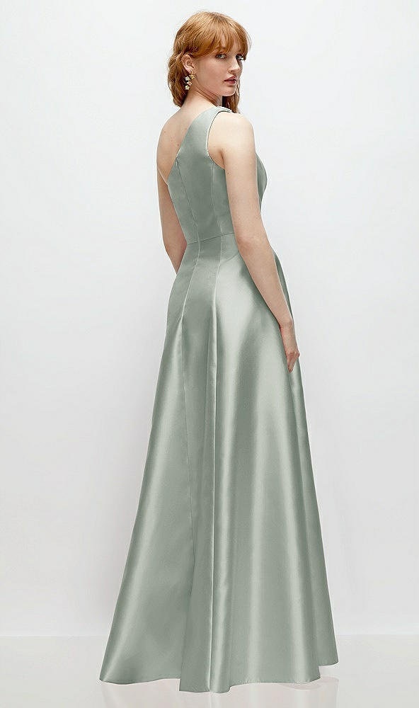 Back View - Willow Green One-Shoulder Full A-Line Satin Gown with Handworked Floral Appliqué