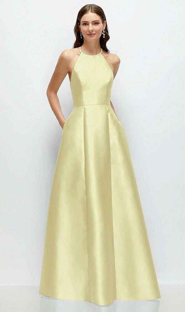 Front View - Butter Yellow Jewel Neck Halter Full A-Line Satin Maxi Dress