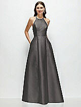 Front View Thumbnail - Caviar Gray Jewel Neck Halter Full A-Line Satin Maxi Dress