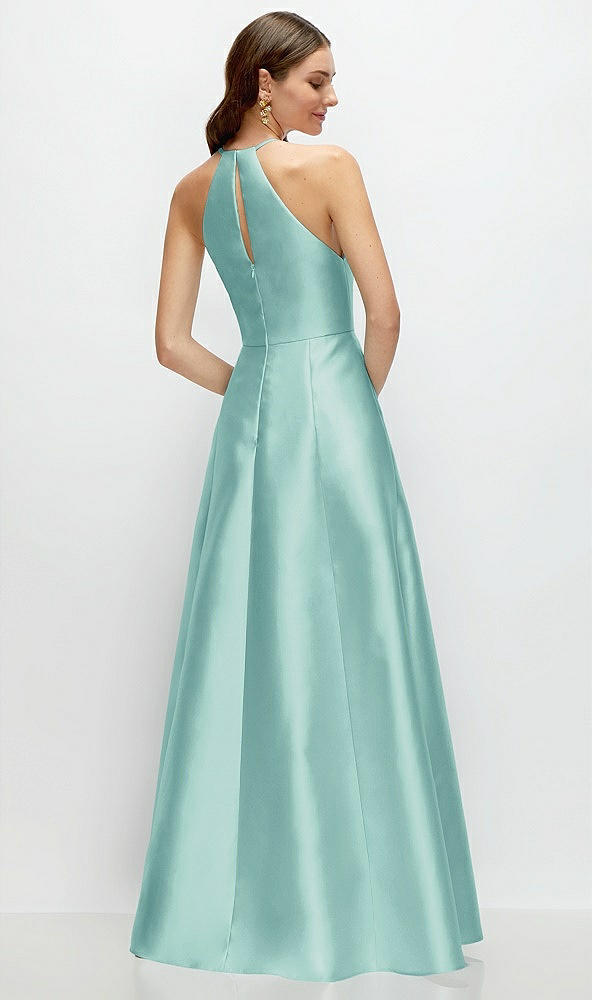 Back View - Coastal Jewel Neck Halter Full A-Line Satin Maxi Dress