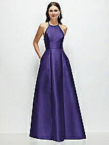 Front View Thumbnail - Grape Jewel Neck Halter Full A-Line Satin Maxi Dress