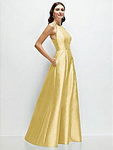 Side View Thumbnail - Maize Jewel Neck Halter Full A-Line Satin Maxi Dress