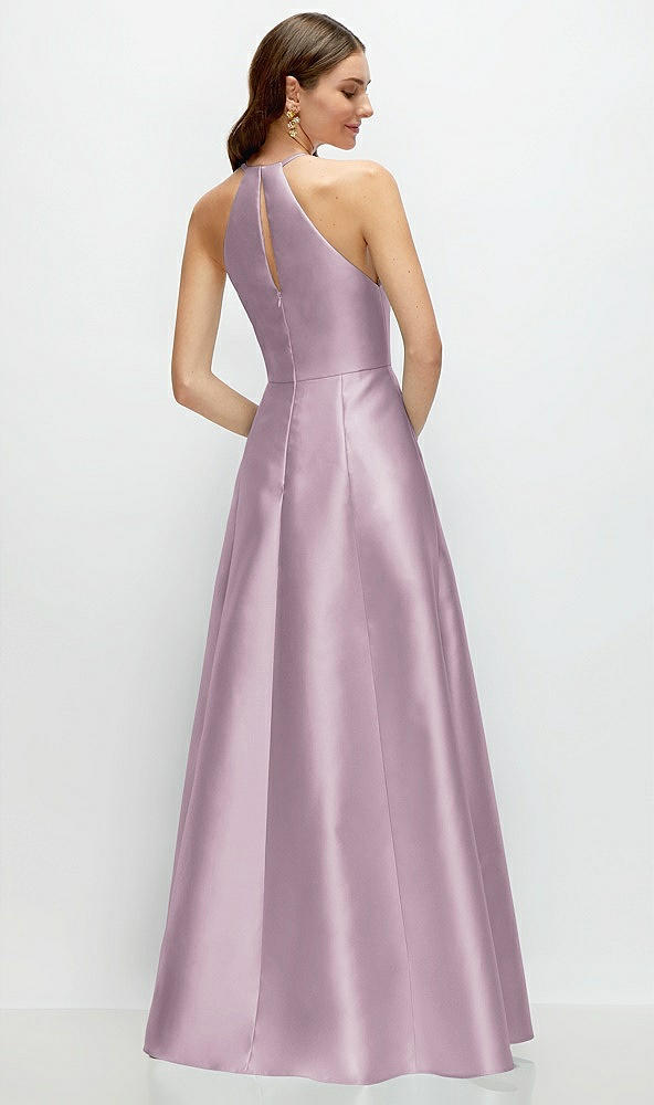 Back View - Suede Rose Jewel Neck Halter Full A-Line Satin Maxi Dress