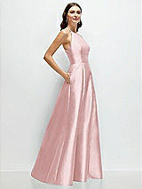 Side View Thumbnail - Ballet Pink Jewel Neck Halter Full A-Line Satin Maxi Dress