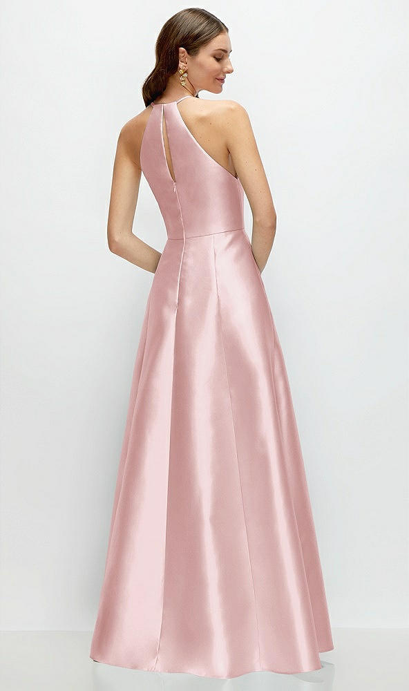 Back View - Ballet Pink Jewel Neck Halter Full A-Line Satin Maxi Dress