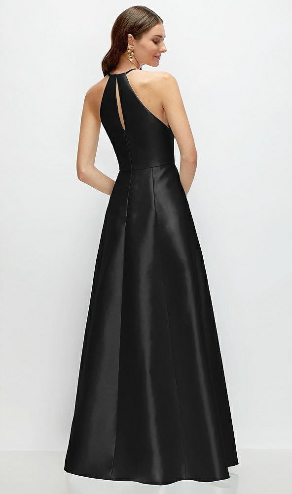 Back View - Black Jewel Neck Halter Full A-Line Satin Maxi Dress