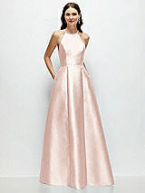 Front View Thumbnail - Blush Jewel Neck Halter Full A-Line Satin Maxi Dress