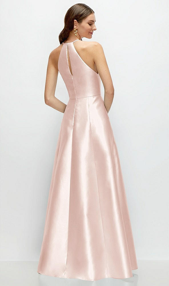 Back View - Blush Jewel Neck Halter Full A-Line Satin Maxi Dress