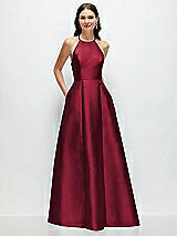 Front View Thumbnail - Burgundy Jewel Neck Halter Full A-Line Satin Maxi Dress