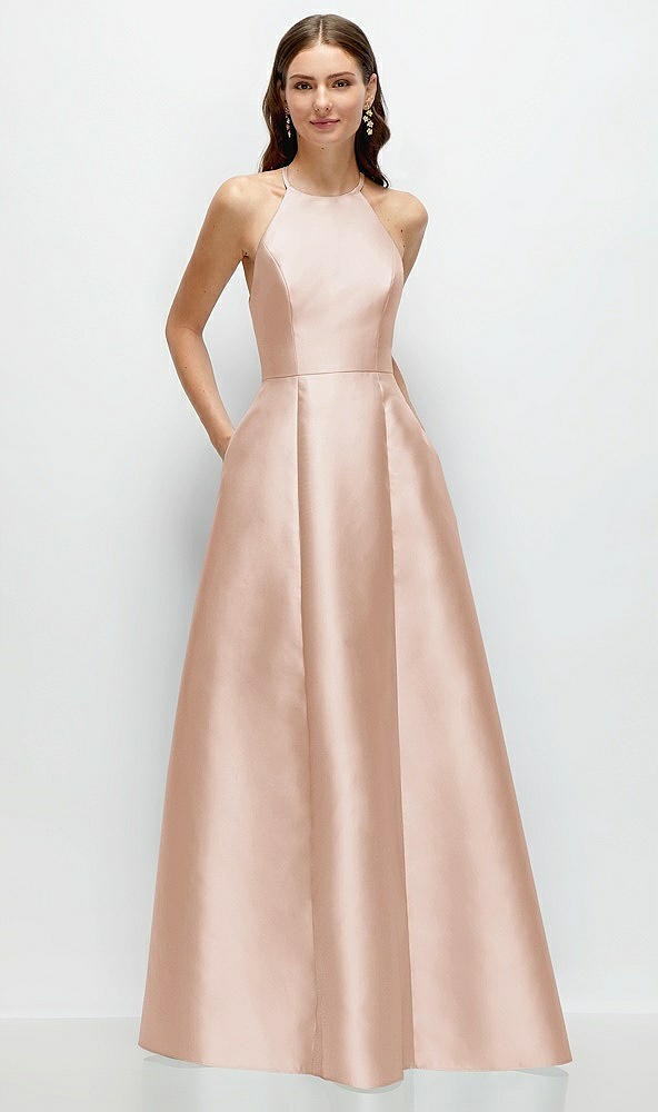 Front View - Cameo Jewel Neck Halter Full A-Line Satin Maxi Dress