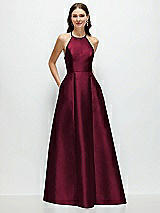 Front View Thumbnail - Cabernet Jewel Neck Halter Full A-Line Satin Maxi Dress