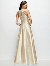 Rear View Thumbnail - Champagne Jewel Neck Halter Full A-Line Satin Maxi Dress