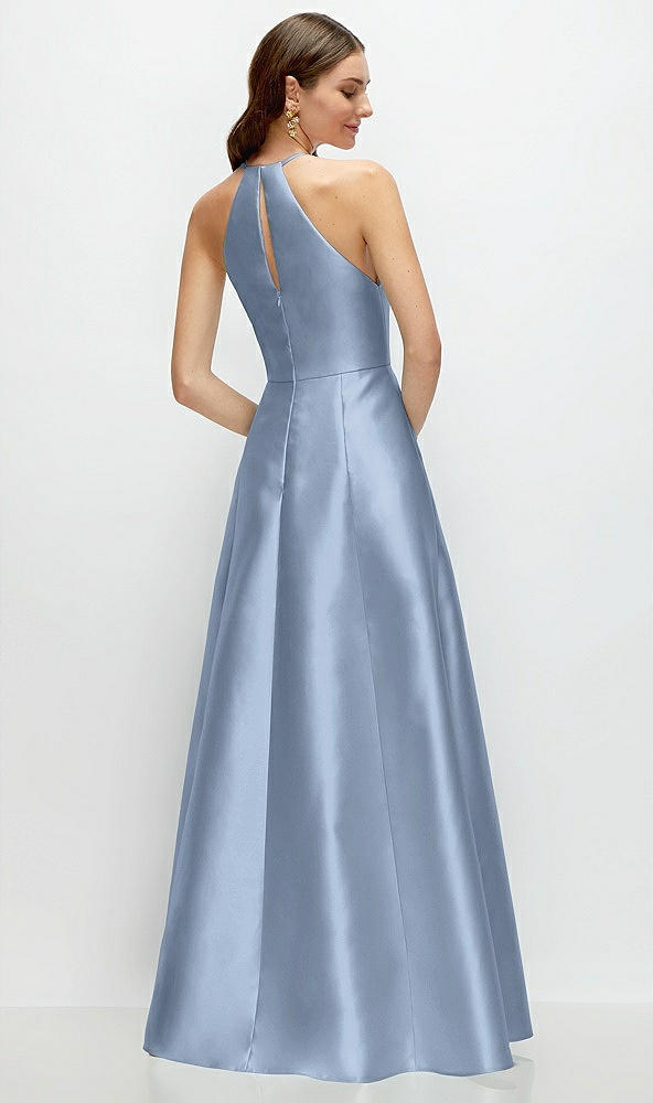 Back View - Cloudy Jewel Neck Halter Full A-Line Satin Maxi Dress