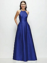 Front View Thumbnail - Cobalt Blue Jewel Neck Halter Full A-Line Satin Maxi Dress