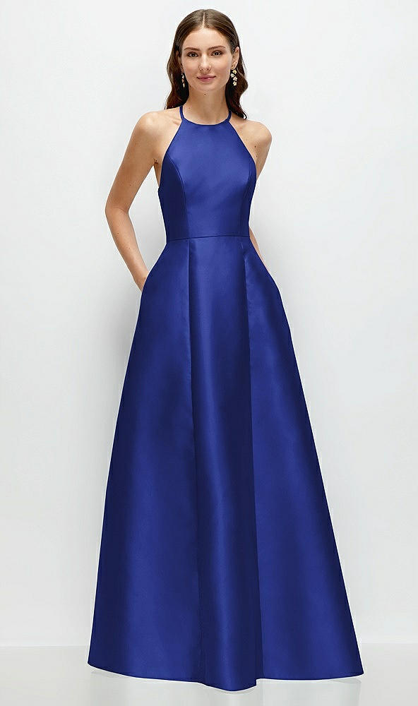 Front View - Cobalt Blue Jewel Neck Halter Full A-Line Satin Maxi Dress