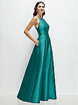 Side View Thumbnail - Jade Jewel Neck Halter Full A-Line Satin Maxi Dress