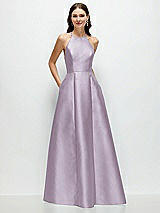 Front View Thumbnail - Lilac Haze Jewel Neck Halter Full A-Line Satin Maxi Dress