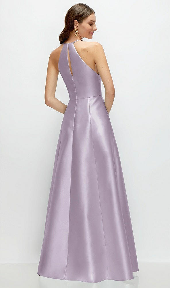 Back View - Lilac Haze Jewel Neck Halter Full A-Line Satin Maxi Dress