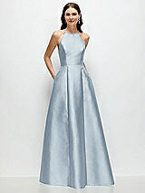 Front View Thumbnail - Mist Jewel Neck Halter Full A-Line Satin Maxi Dress