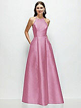 Front View Thumbnail - Powder Pink Jewel Neck Halter Full A-Line Satin Maxi Dress