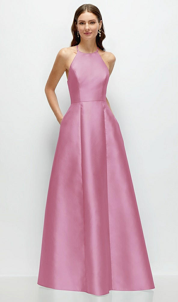 Front View - Powder Pink Jewel Neck Halter Full A-Line Satin Maxi Dress