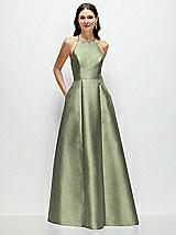 Front View Thumbnail - Sage Jewel Neck Halter Full A-Line Satin Maxi Dress