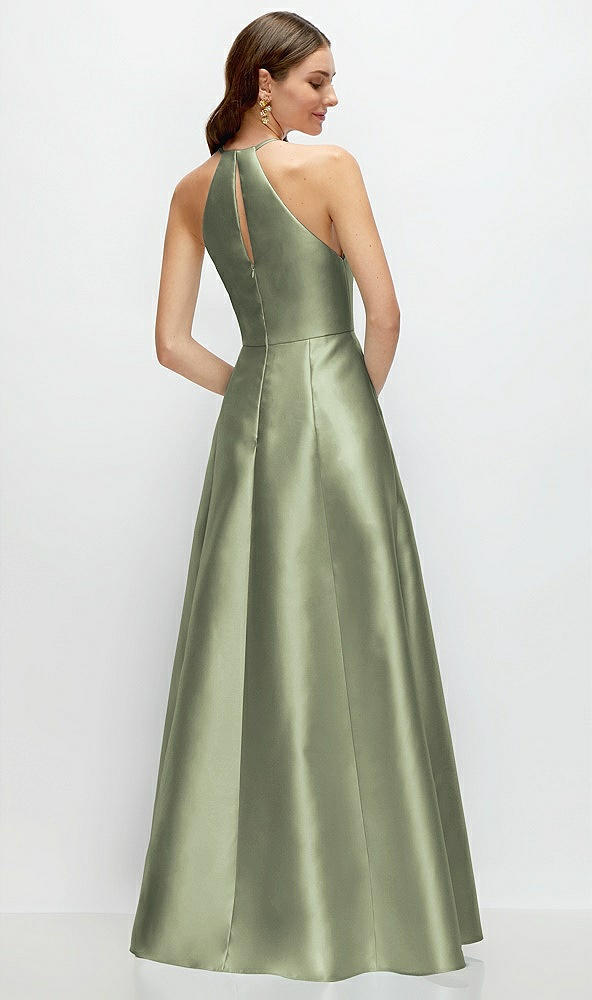 Back View - Sage Jewel Neck Halter Full A-Line Satin Maxi Dress