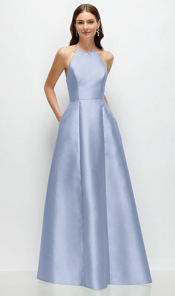 Front View - Sky Blue Jewel Neck Halter Full A-Line Satin Maxi Dress