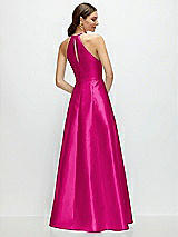 Rear View Thumbnail - Think Pink Jewel Neck Halter Full A-Line Satin Maxi Dress