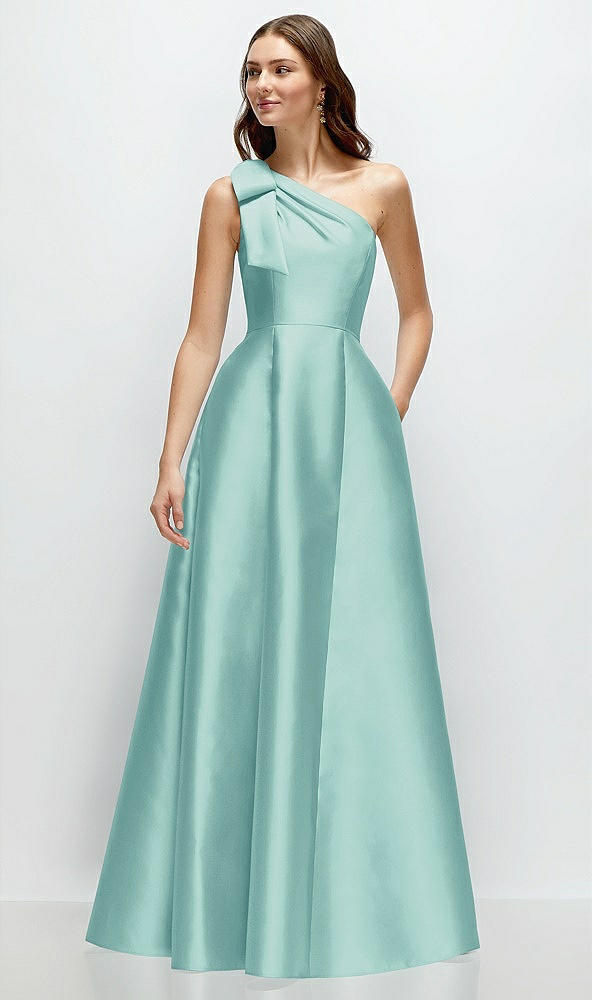 Front View - Coastal Bow One-Shoulder Full A-Line Satin Maxi Dress