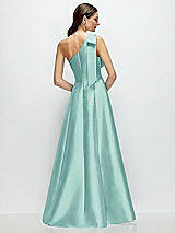 Rear View Thumbnail - Coastal Bow One-Shoulder Full A-Line Satin Maxi Dress