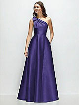 Front View Thumbnail - Grape Bow One-Shoulder Full A-Line Satin Maxi Dress