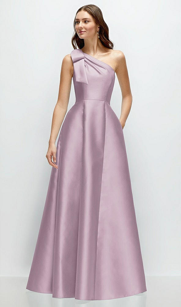 Front View - Suede Rose Bow One-Shoulder Full A-Line Satin Maxi Dress