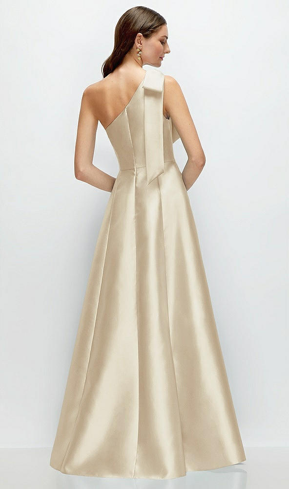 Back View - Champagne Bow One-Shoulder Full A-Line Satin Maxi Dress