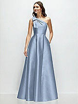 Front View Thumbnail - Cloudy Bow One-Shoulder Full A-Line Satin Maxi Dress