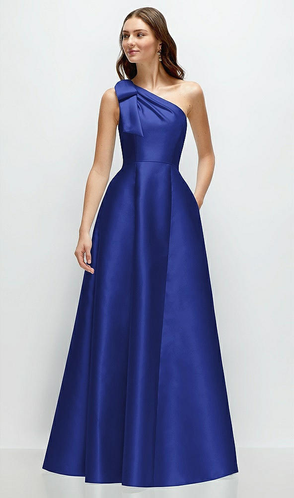 Front View - Cobalt Blue Bow One-Shoulder Full A-Line Satin Maxi Dress