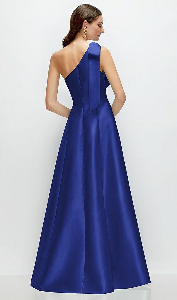 Back View - Cobalt Blue Bow One-Shoulder Full A-Line Satin Maxi Dress