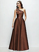 Front View Thumbnail - Cognac Bow One-Shoulder Full A-Line Satin Maxi Dress